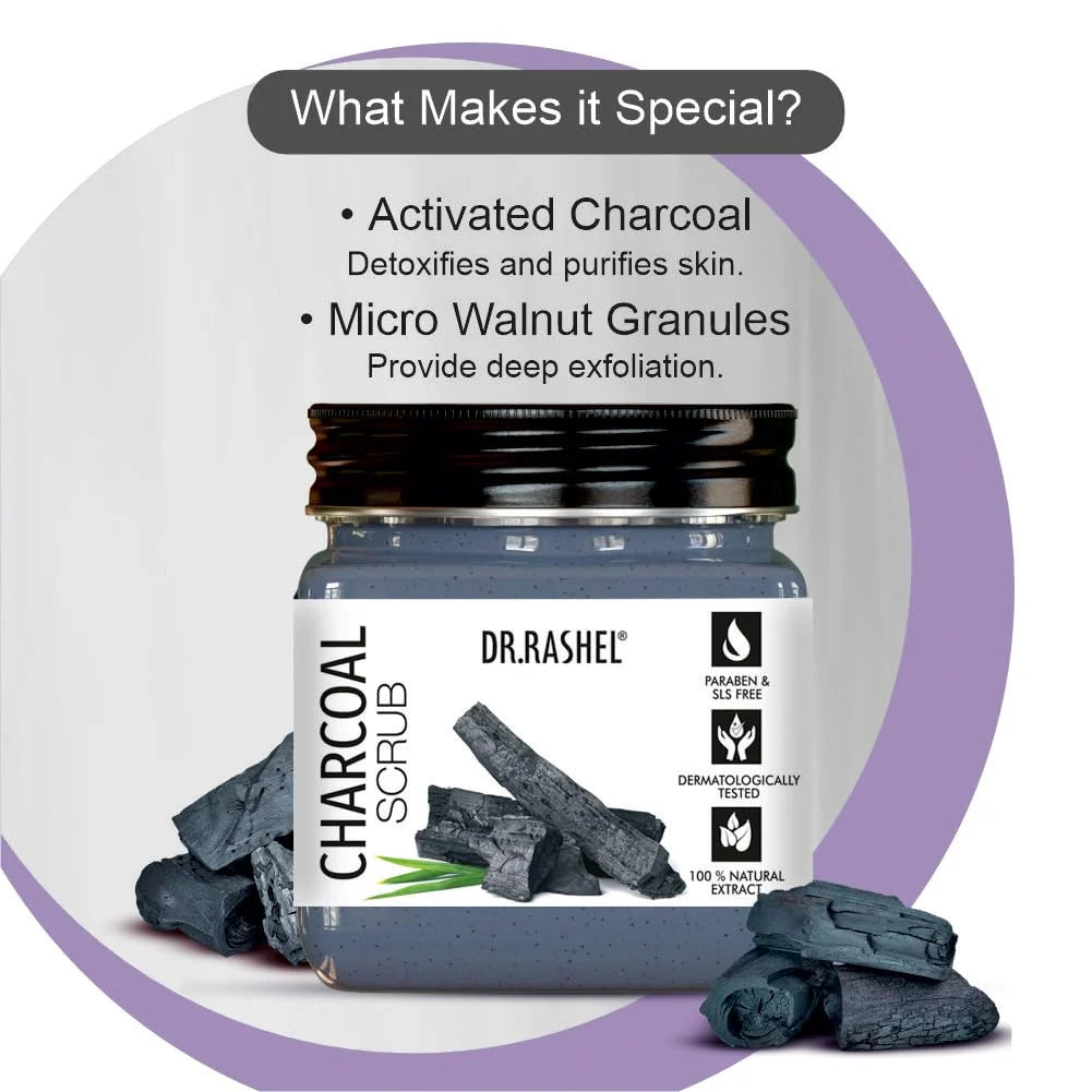 DR.RASHEL Charcoal Scrub For Face & Body (380 Ml) | All Skin |Cleanser Scrub For Deep Exfoliation | Dead Skin Remover| Tan Removal | Blackhead Remover | Activated Charcoal
