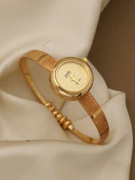 Gold Plated White Dial Adjustable Bracelet Watch For Women